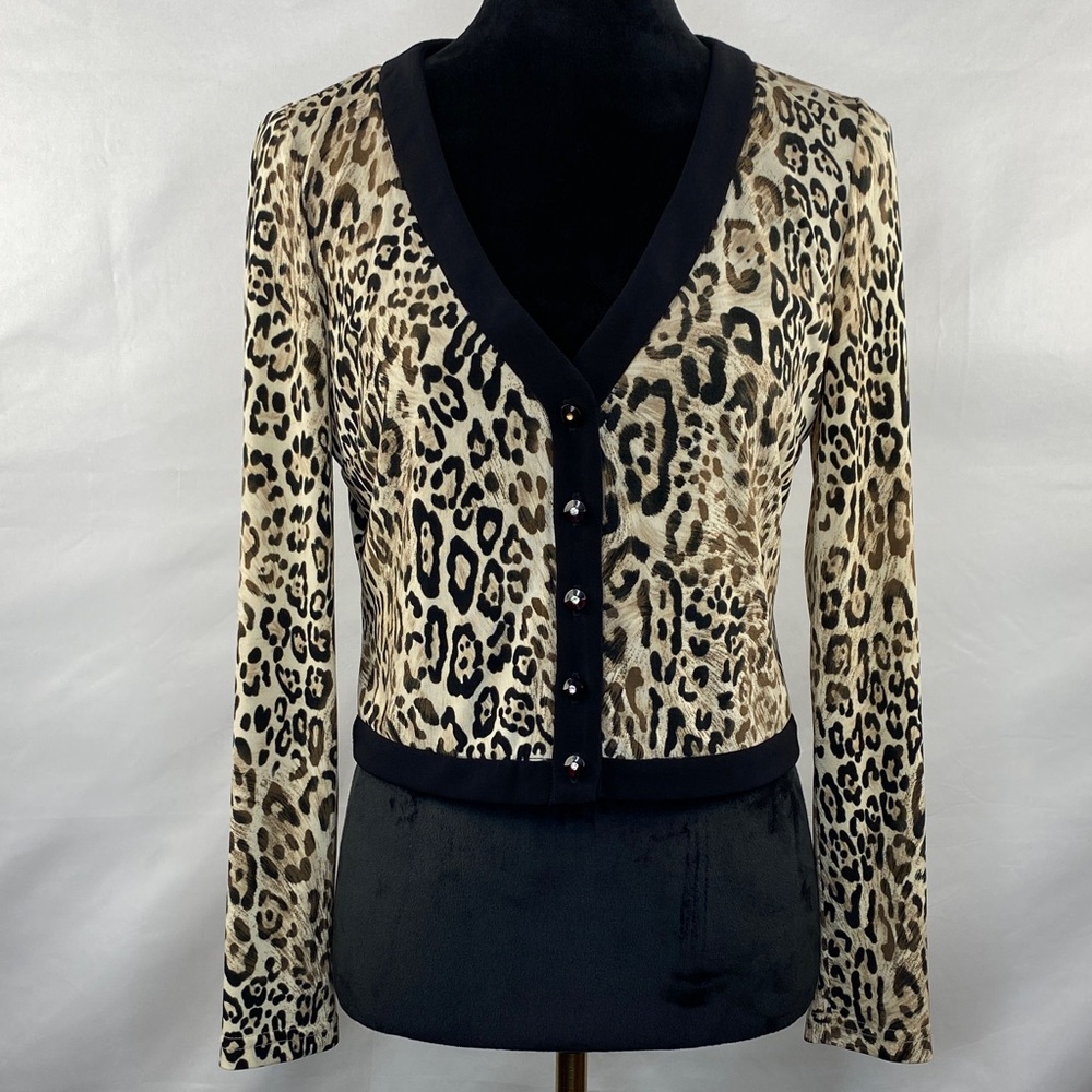 VTG Y2K Joseph Ribkoff Leopard Print Rhinestone Button Down Closures Cardigan